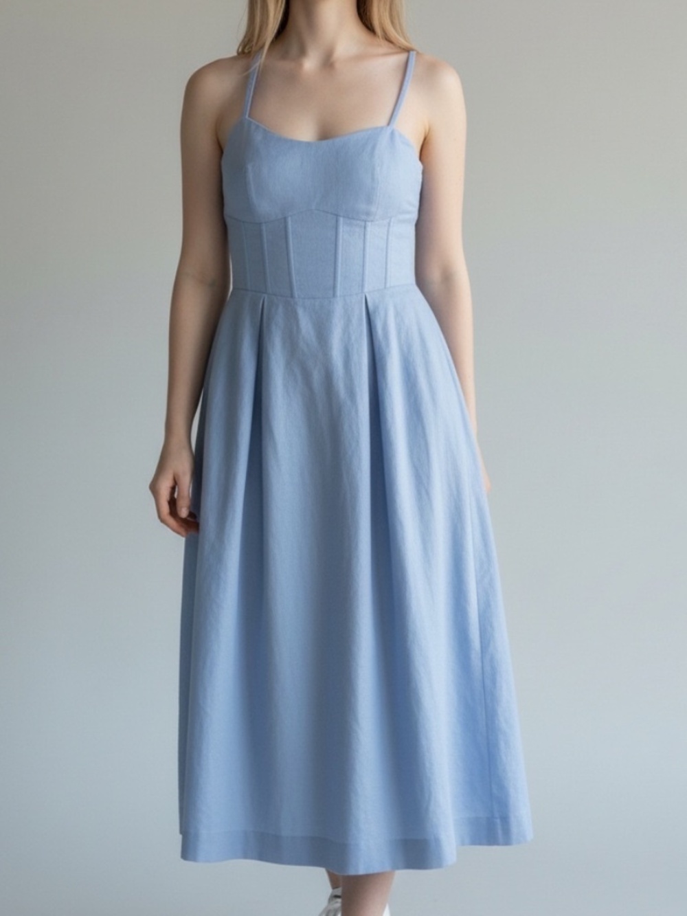 NWOT Sim & Sam Light Blue Spaghetti Strap Pleated Midi Dress Size Medium
